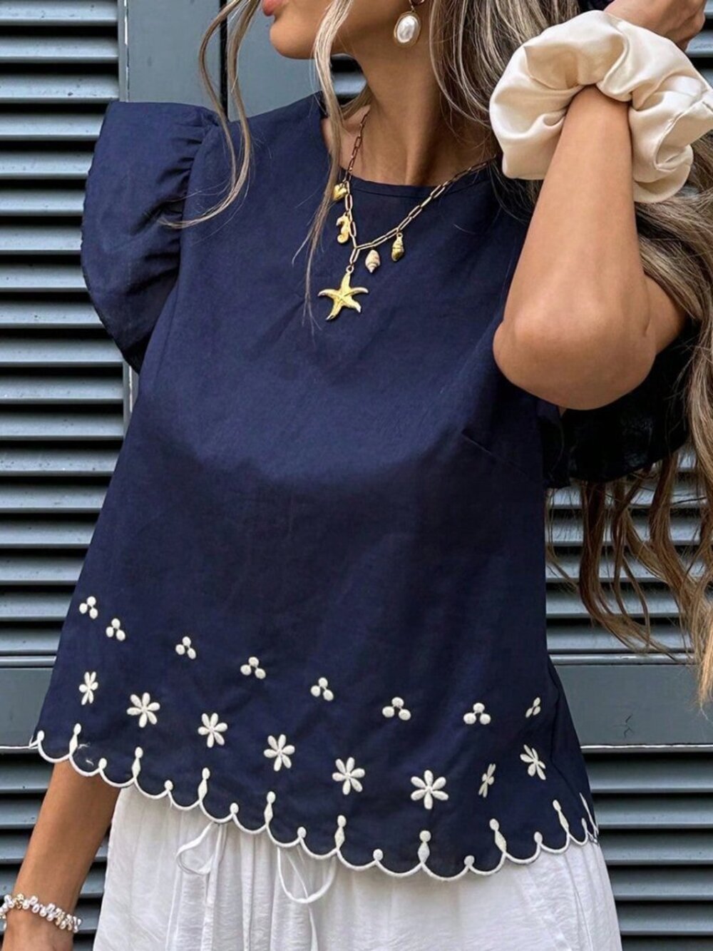 Multicolor Casual Women's Floral Embroidered Ruffle Hem Boho Sleeve Blouse